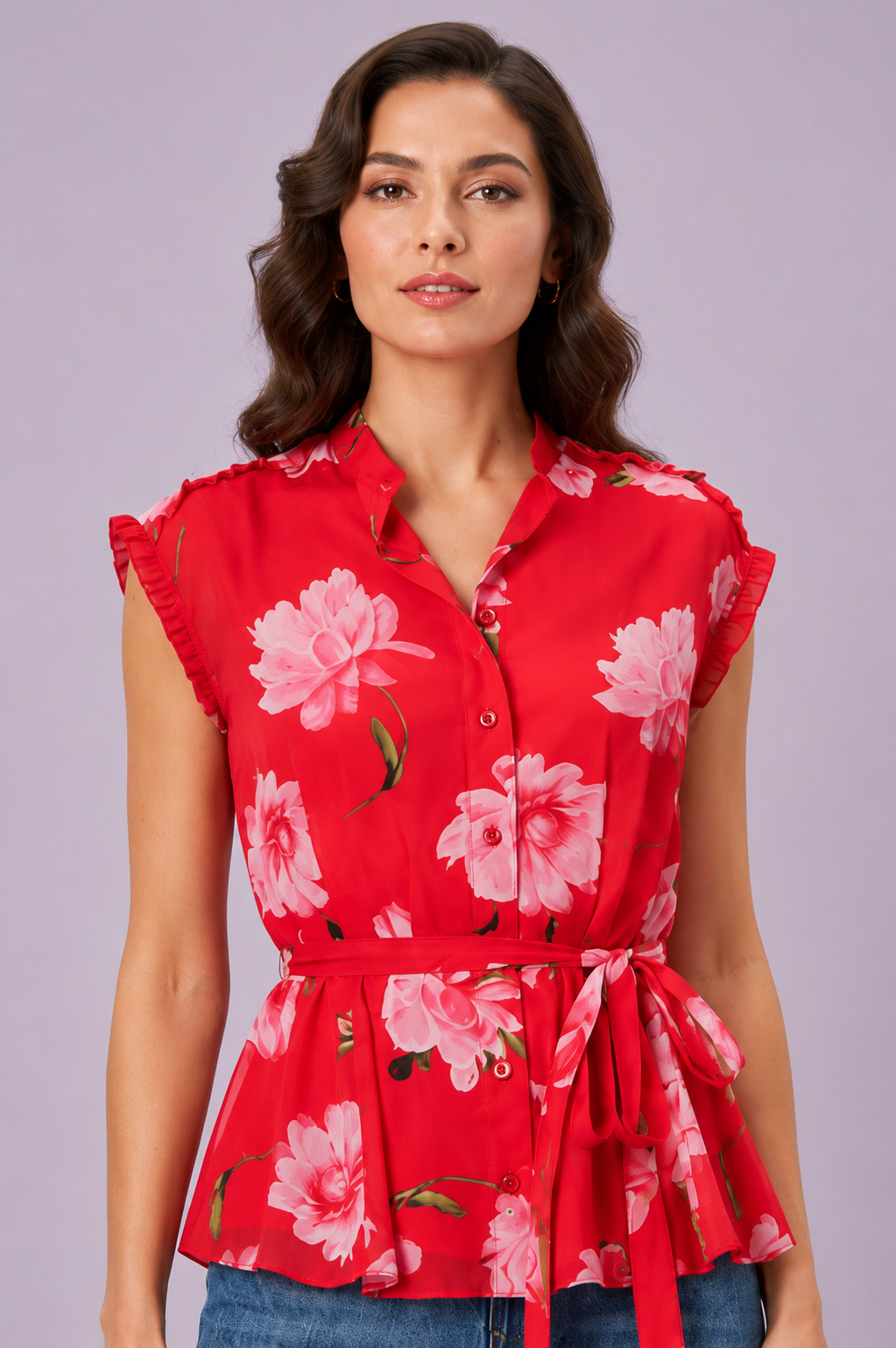 Ruffle Trim Floral Print Georgette Peplum Blouse