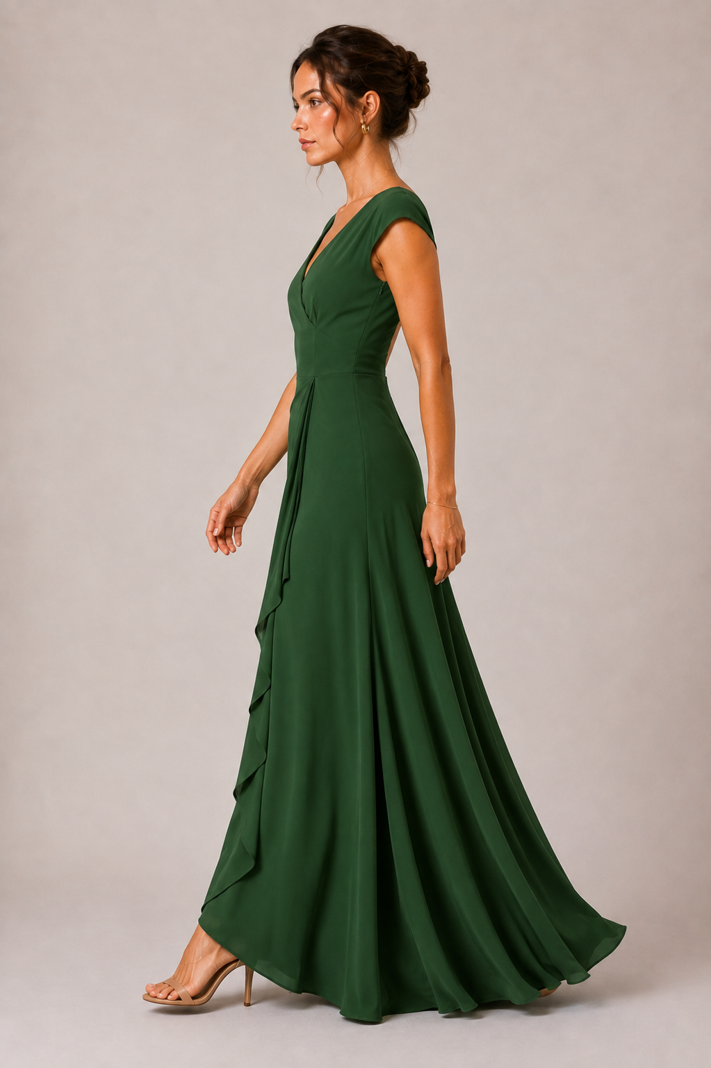 Dark Green Heavy Crepe Wrap-Style Maxi Dress with V-Neck and Ruffle Detail