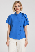 Women’s Blue Cotton Mandarin Collar Tie-Detail Top
