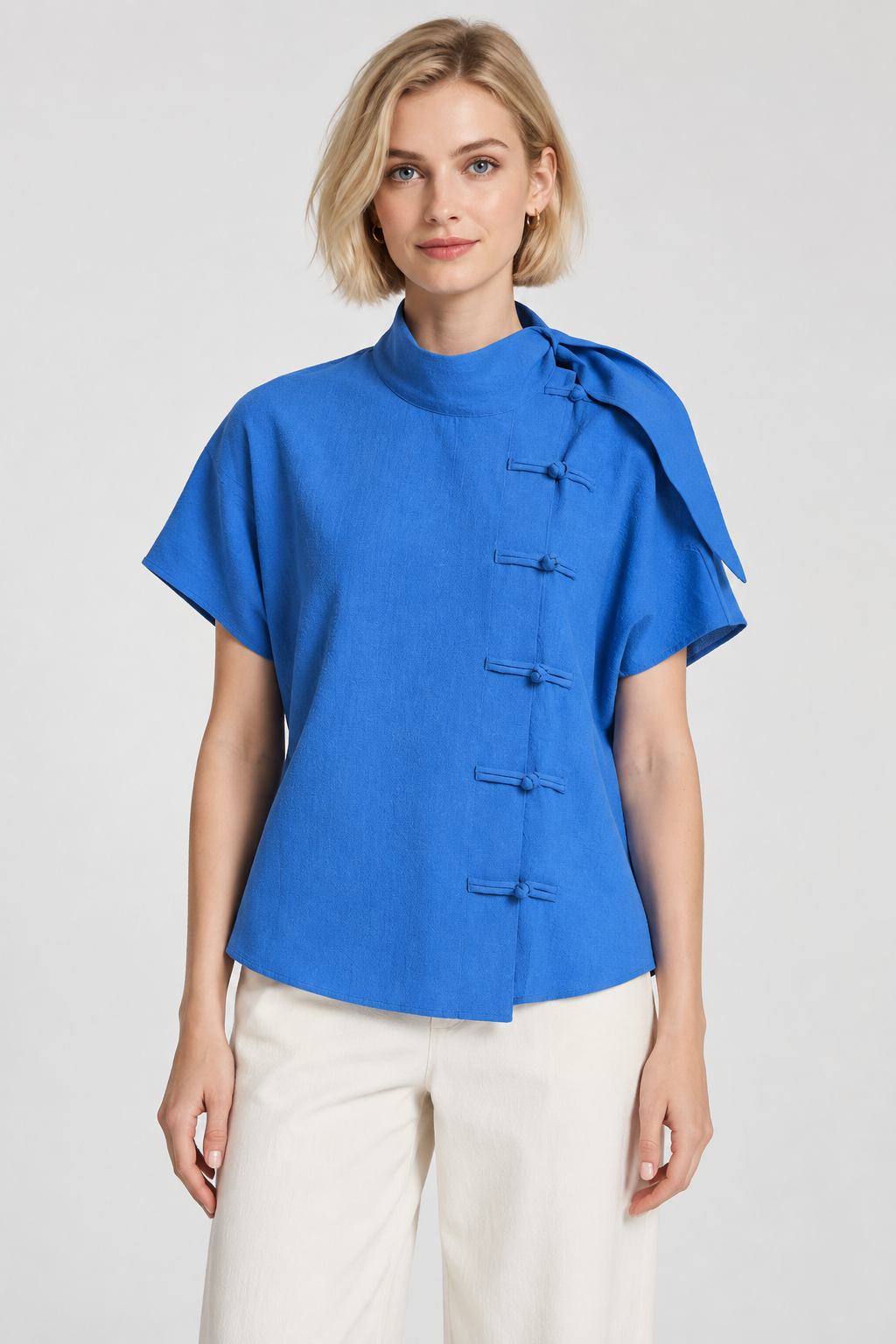 Women’s Blue Cotton Mandarin Collar Tie-Detail Top
