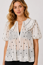 White Polyester Polka Dot Scalloped Collar Pleated Detail Puff Sleeve Top