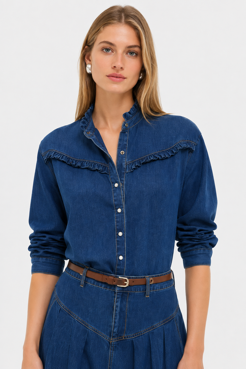 Blue Denim Ruffle Detail Shirt