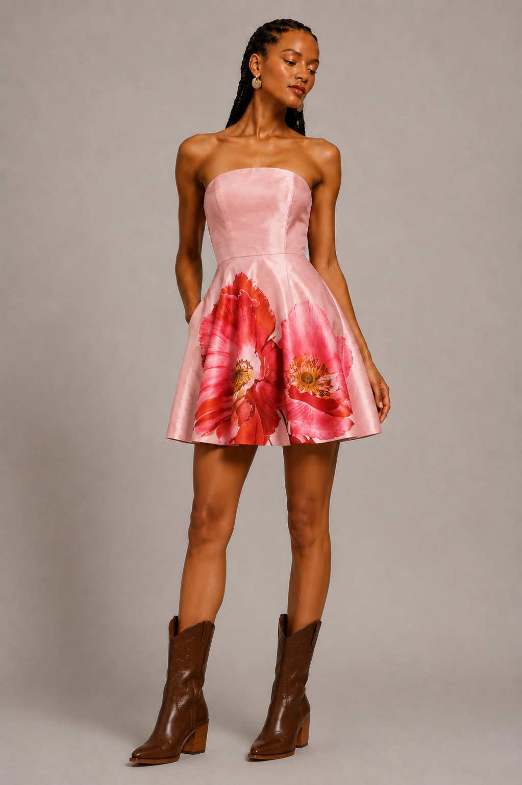 Pink Floral Dupioni Fit & Flare Midi Dress