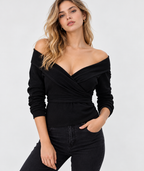 women's black linen cotton rib knit off shoulder wrap top