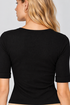 women's black cotton v-neck top with half sleeves