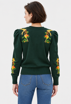 women's dark green embroidered cotton knit cardigan with puff sleeves