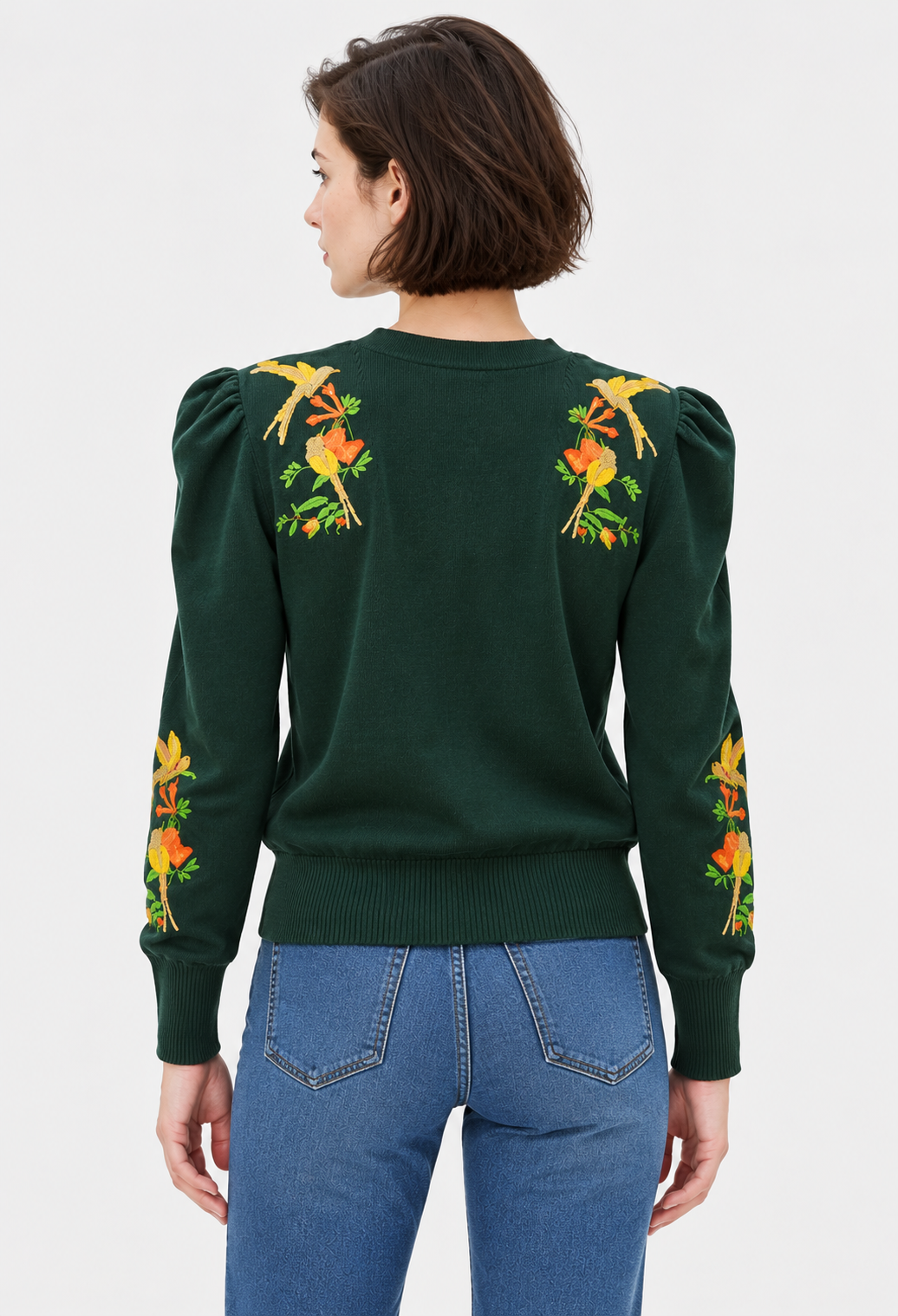 women's dark green embroidered cotton knit cardigan with puff sleeves