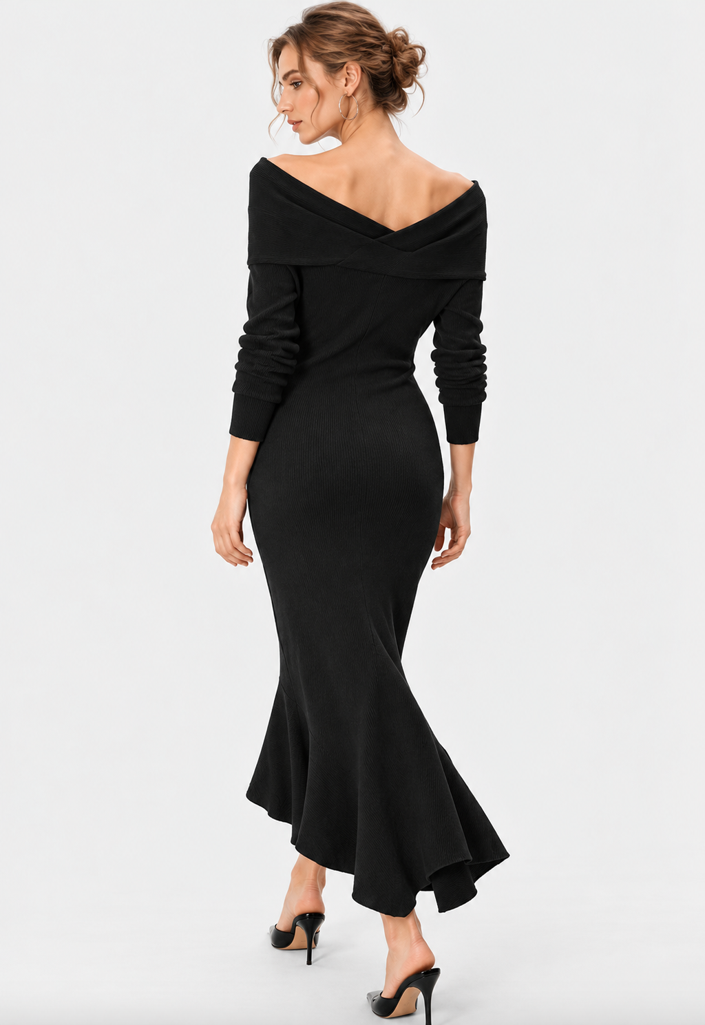 women's black wool blend rib knit off shoulder midi dress