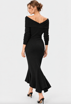 women's black wool blend rib knit off shoulder midi dress