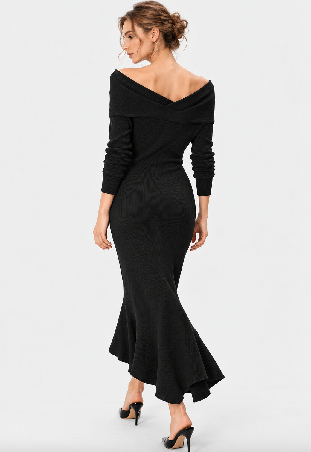 women's black wool blend rib knit off shoulder midi dress
