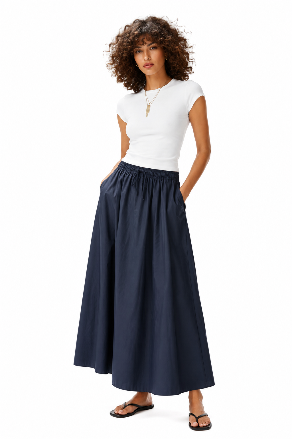 Drawstring Full-Length Cotton Poplin Skirt