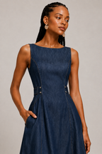 Indigo Denim Look Sleeveless Midi Dress