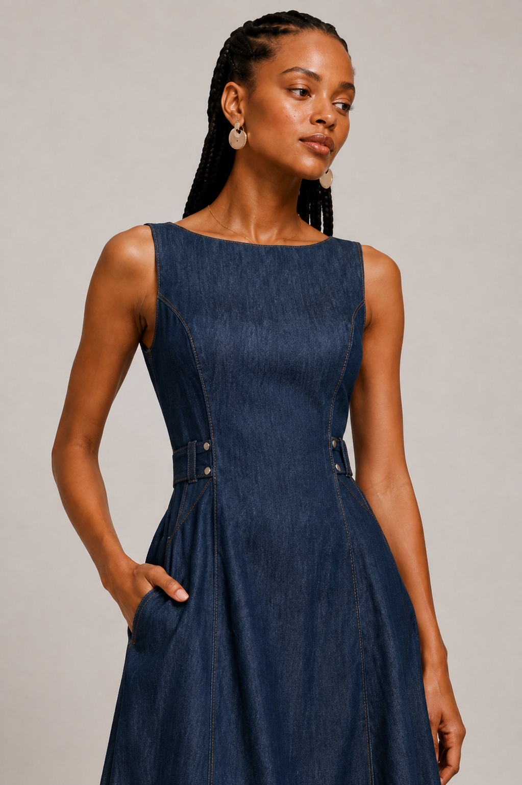 Indigo Denim Look Sleeveless Midi Dress