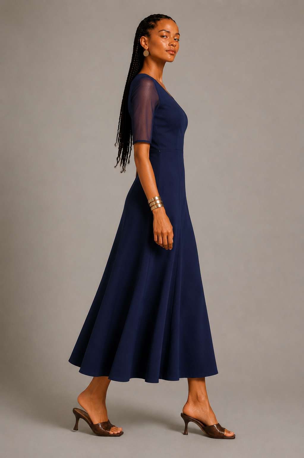 Navy Blue Satin Crepe A-Line Midi Dress with Sheer Sleeves