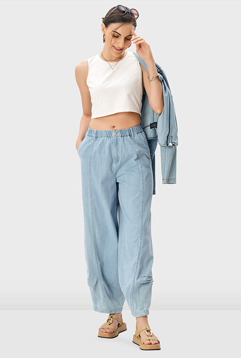 Cotton Denim Shirred Wide Leg Jeans