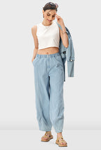 Cotton Denim Shirred Wide Leg Jeans