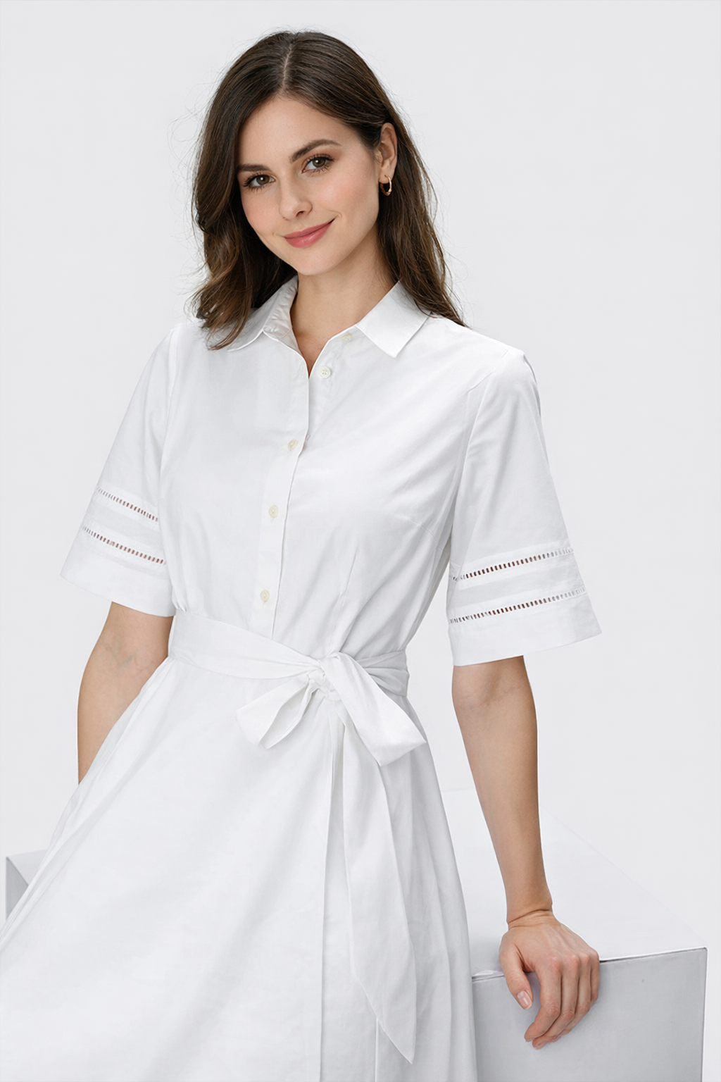 Lattice Trim Cotton Poplin Shirtdress