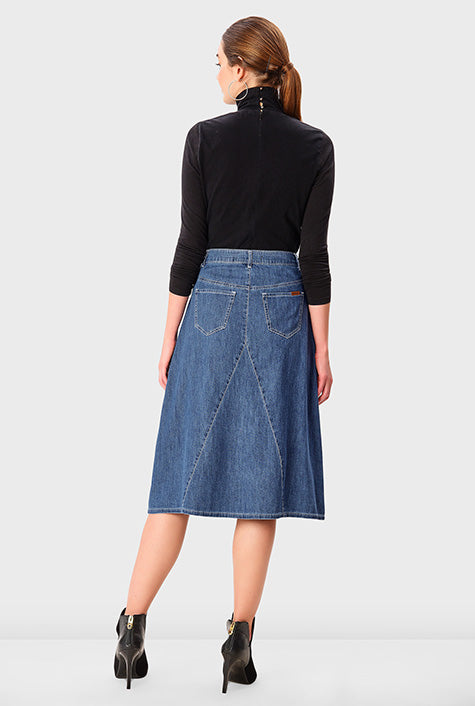 Pieced Cotton Denim Flared Skirt