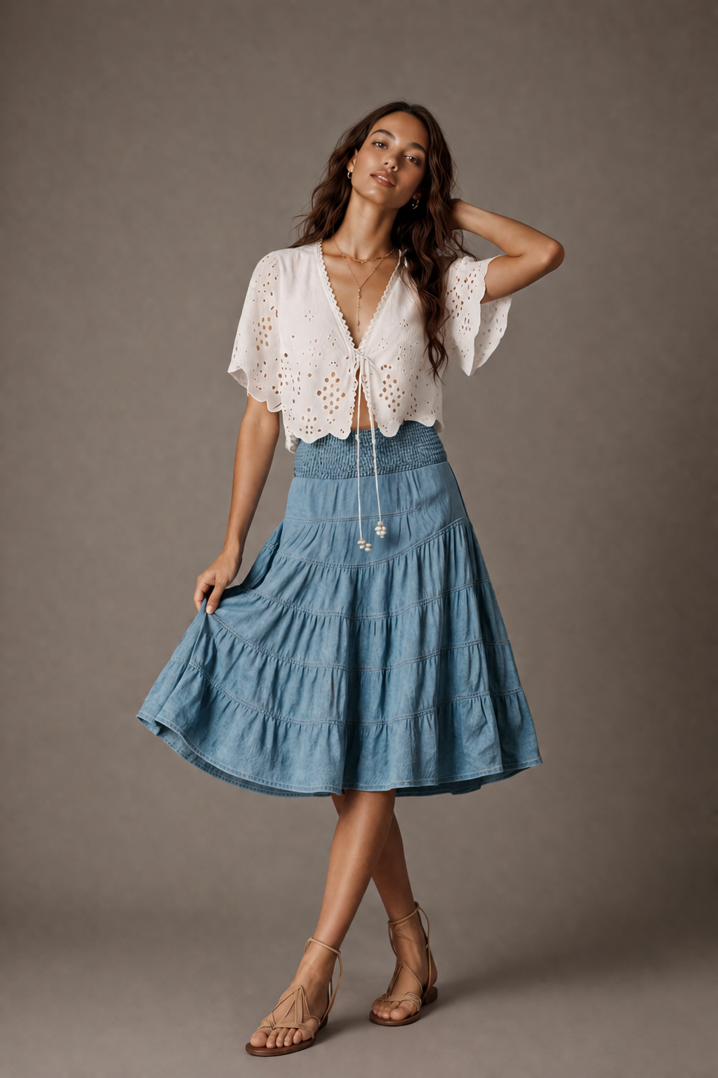 Blue Tiered Midi Skirt