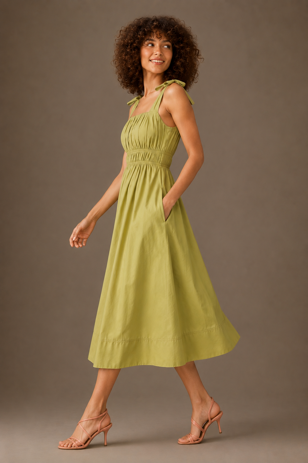 Olive Green Cotton Smocked Midi Dress