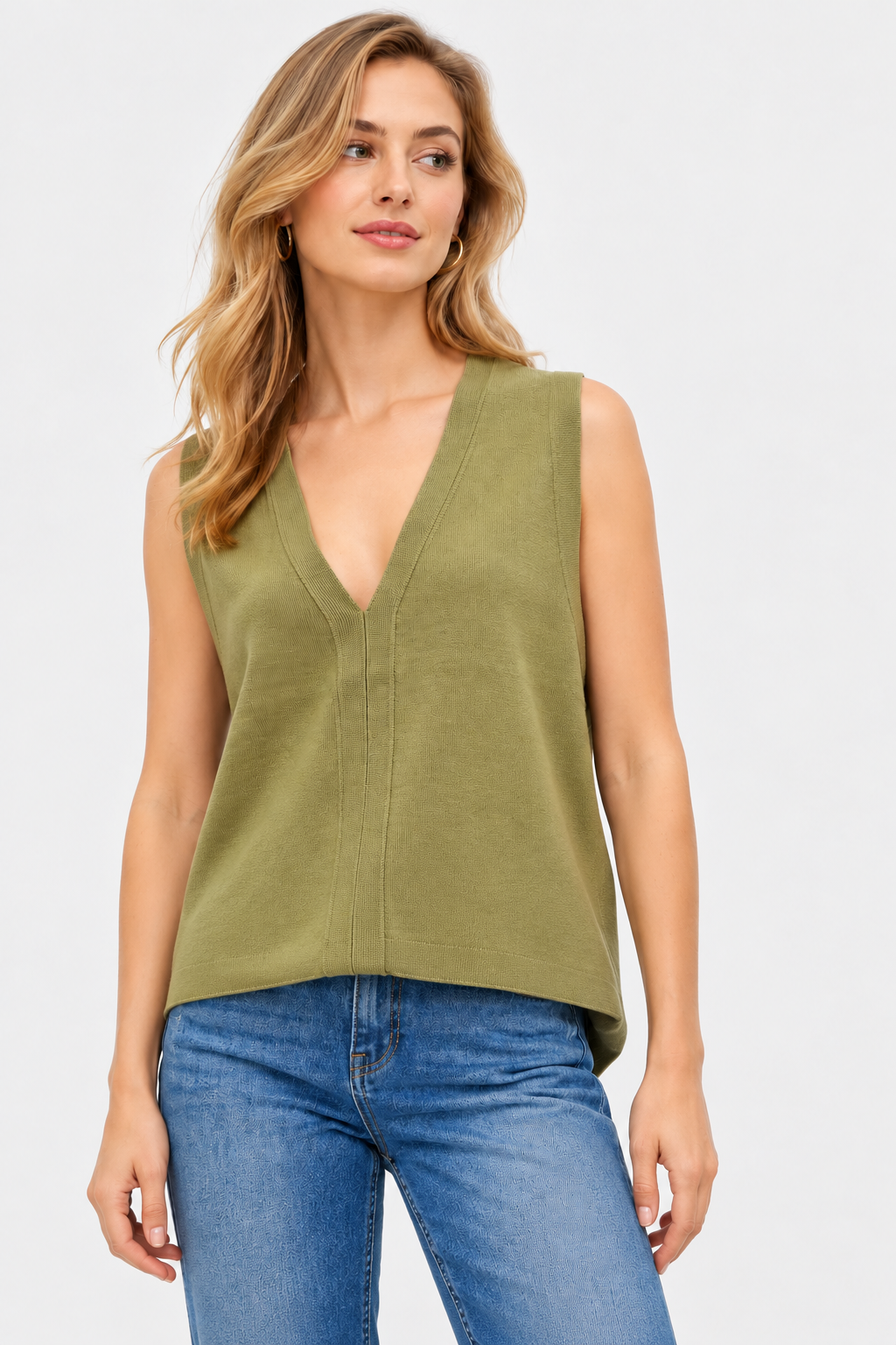 women's olive green rib knit v-neck sleeveless sweater top