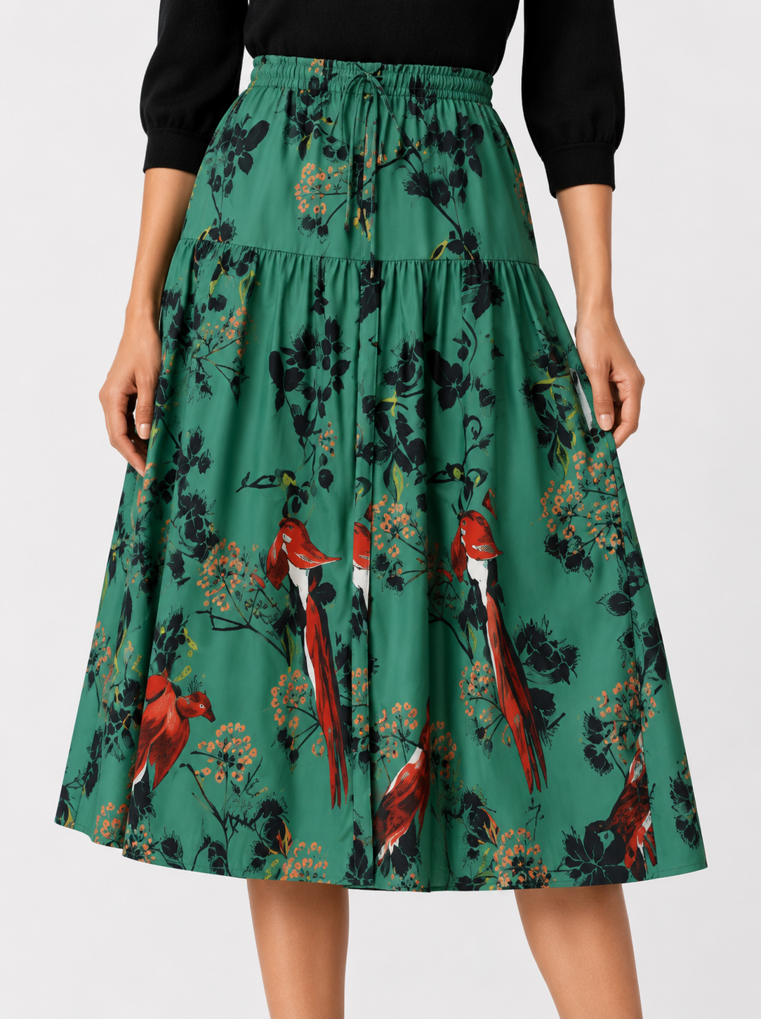 Sage Green Botanical Print Tiered Midi Skirt