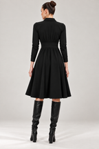 Women’s Black Jersey Collared Midi Dress with Ruched Waist & Flared Skirt