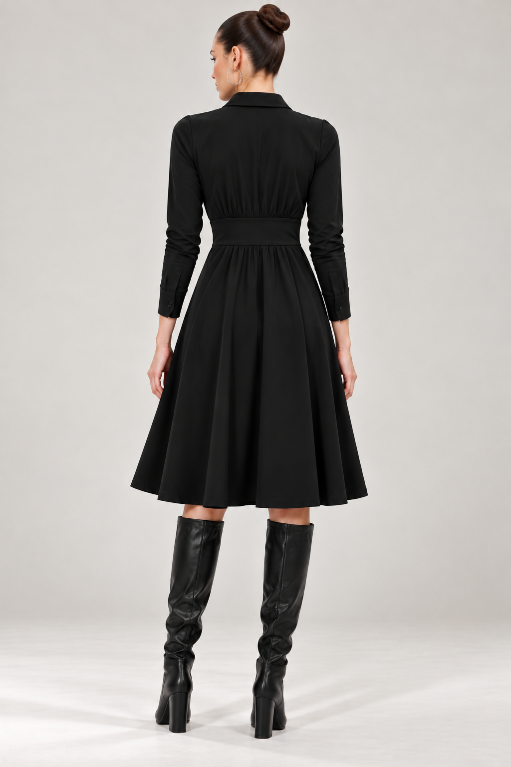 Women’s Black Jersey Collared Midi Dress with Ruched Waist & Flared Skirt