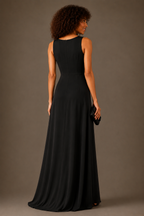 Black French Crepe Sleeveless Sweetheart Neck Maxi Dress with Front Slit