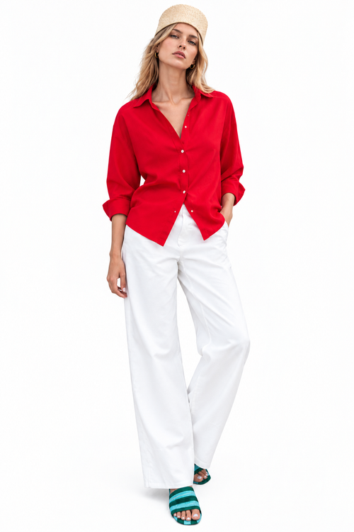 Women’s Red Poplin Button-Down Shirt