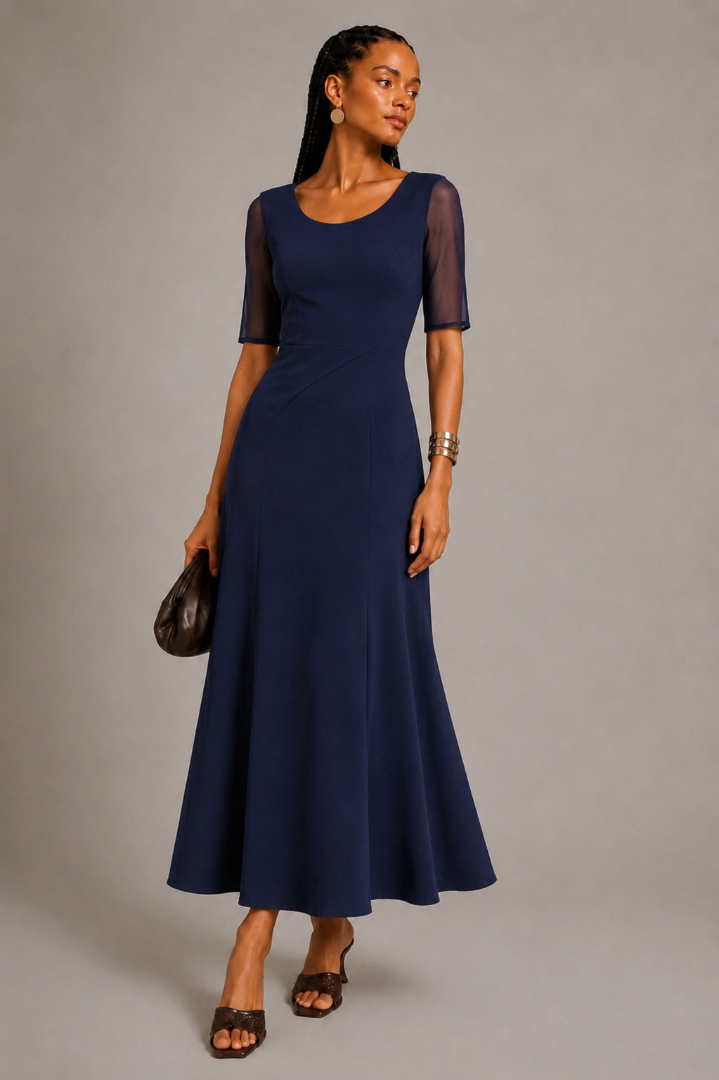 Navy Blue Satin Crepe A-Line Midi Dress with Sheer Sleeves