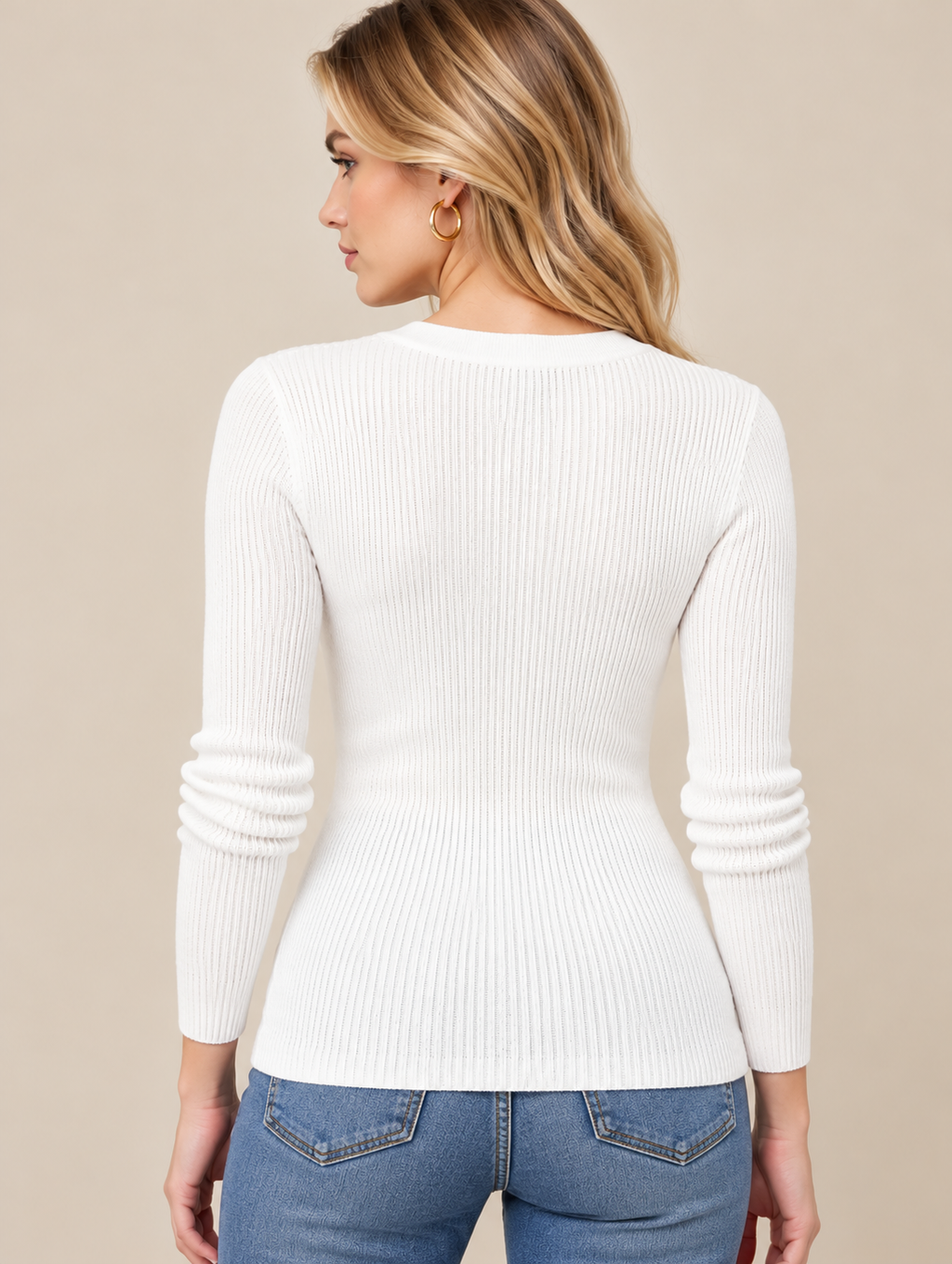 Women's White Wool Rib Knit Sweater with Button-Front Henley Neckline