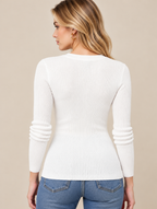 Women's White Wool Rib Knit Sweater with Button-Front Henley Neckline