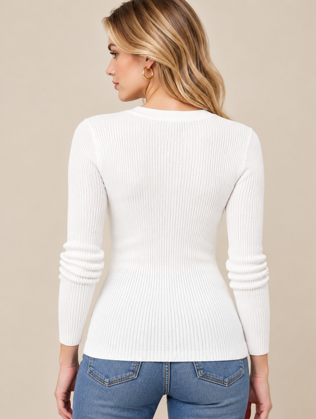 Women's White Wool Rib Knit Sweater with Button-Front Henley Neckline