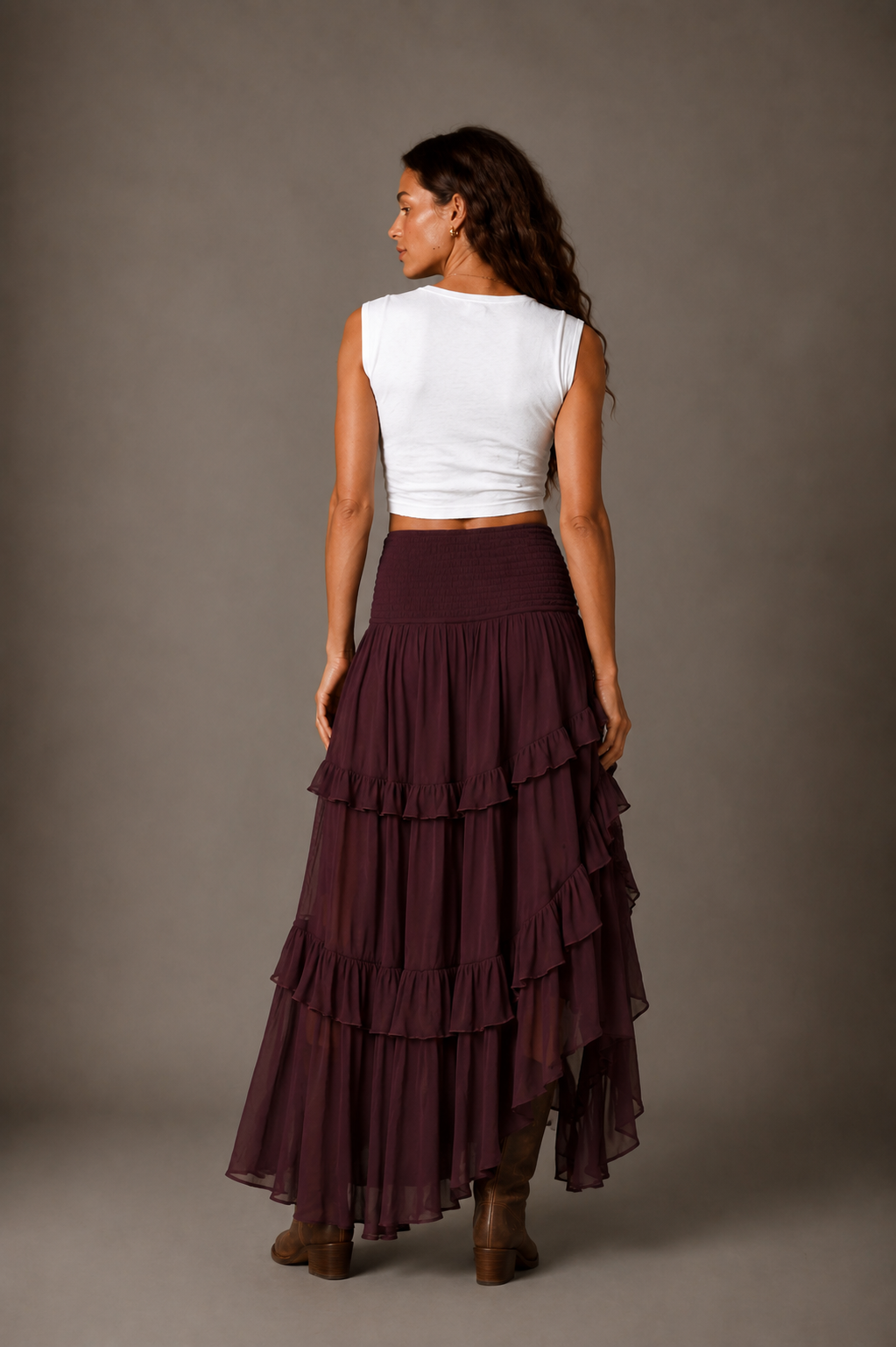Burgundy Smocked Ruffle High-Low Maxi Skirt