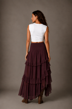 Burgundy Smocked Ruffle High-Low Maxi Skirt