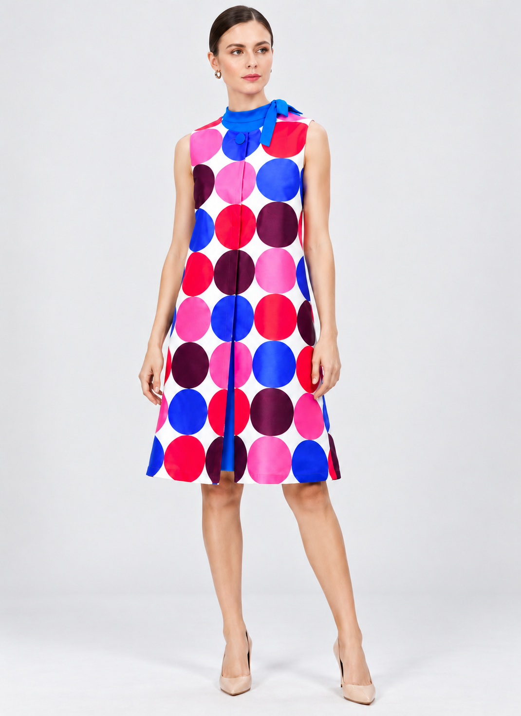 Women's Multicolor Polka Dot Dupioni Silk Coat Dress with Blue Bow Collar