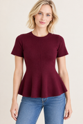 Women’s Burgundy Rayon Short Sleeve Peplum Top