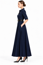 Women’s Navy Blue Poplin Shirt Dress with Belt & Flared Skirt
