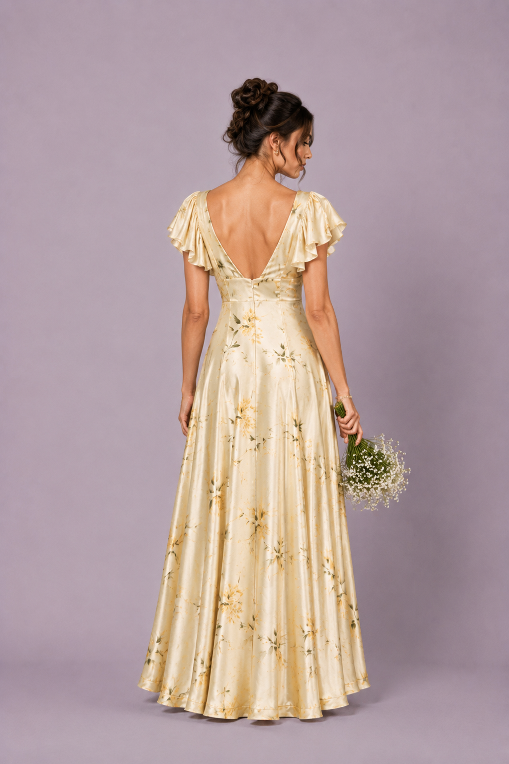 Floral Satin Flutter Sleeve Maxi Dress