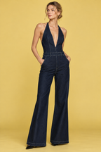 women's dark blue denim halter neck wide-leg jumpsuit