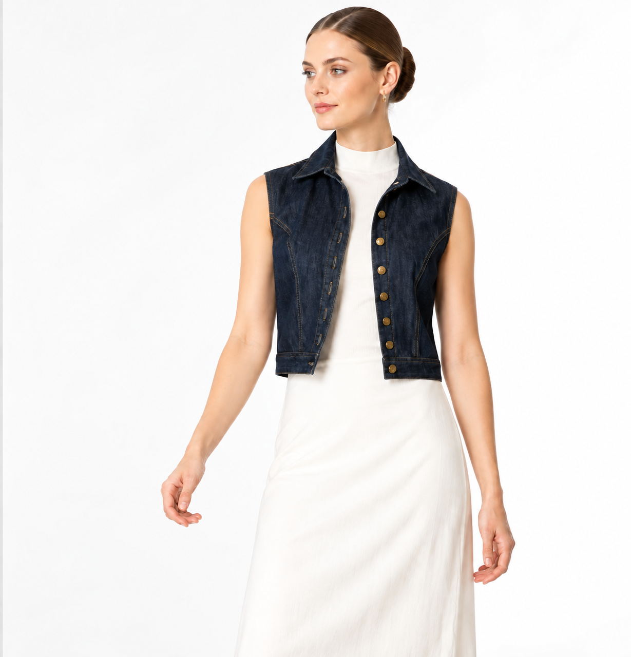 Women's Dark Blue Denim Cropped Jacket with Button Front and Turn-Up Sleeves