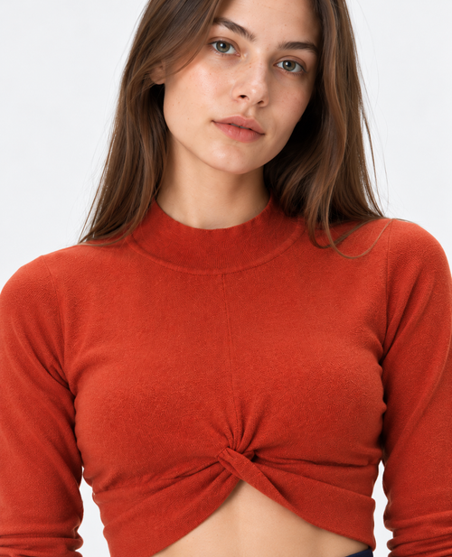 Rust Orange Twist Front Knit Sweater for Women