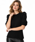 women's black wool blend rib knit puff sleeve sweater