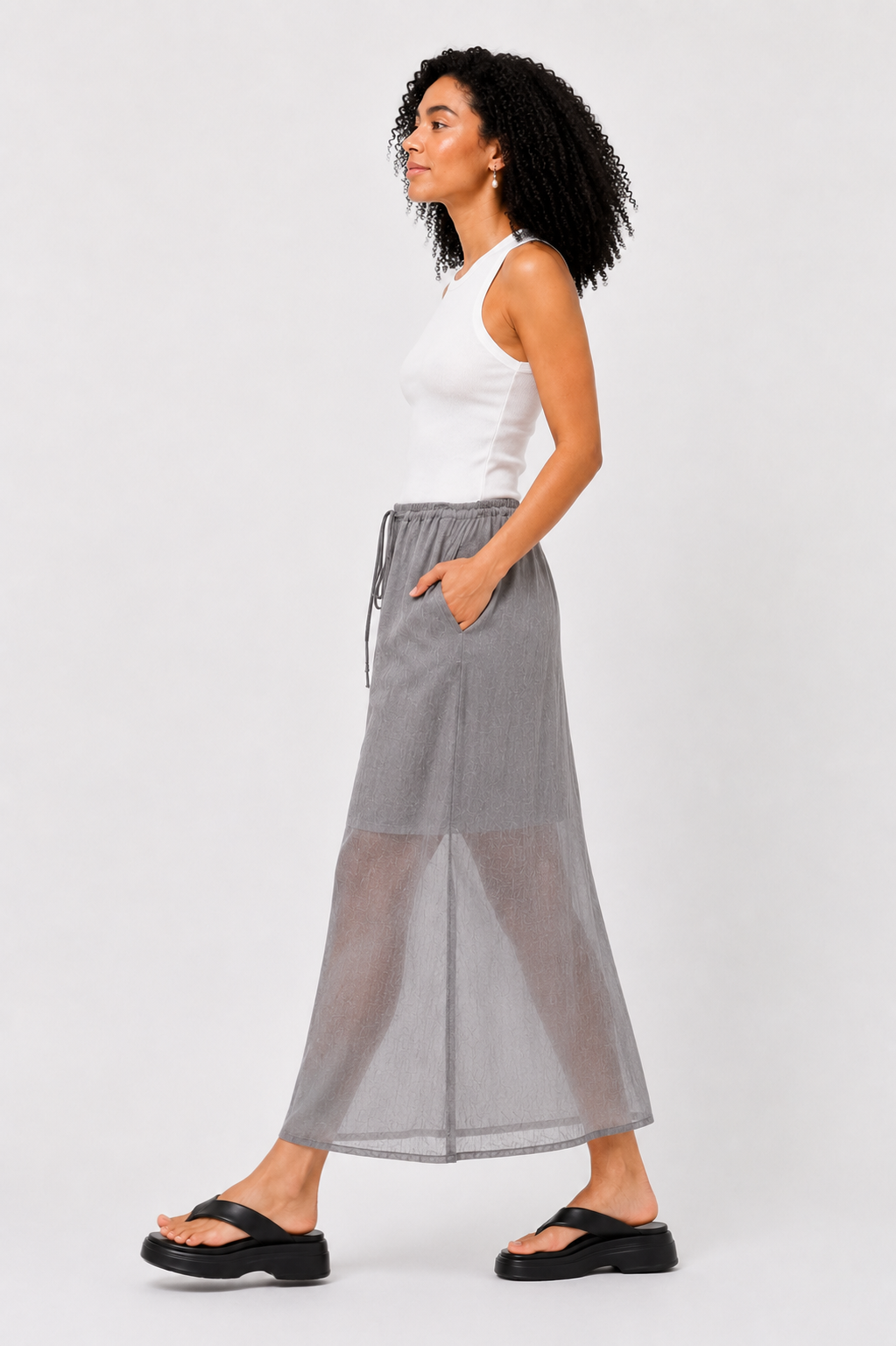 Drawstring Linen Blend Maxi Skirt