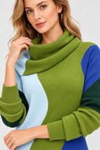 women's multicolor cotton rib knit cowl neck tunic sweater