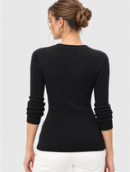 black rib knit linen cotton blend full-sleeve top for women