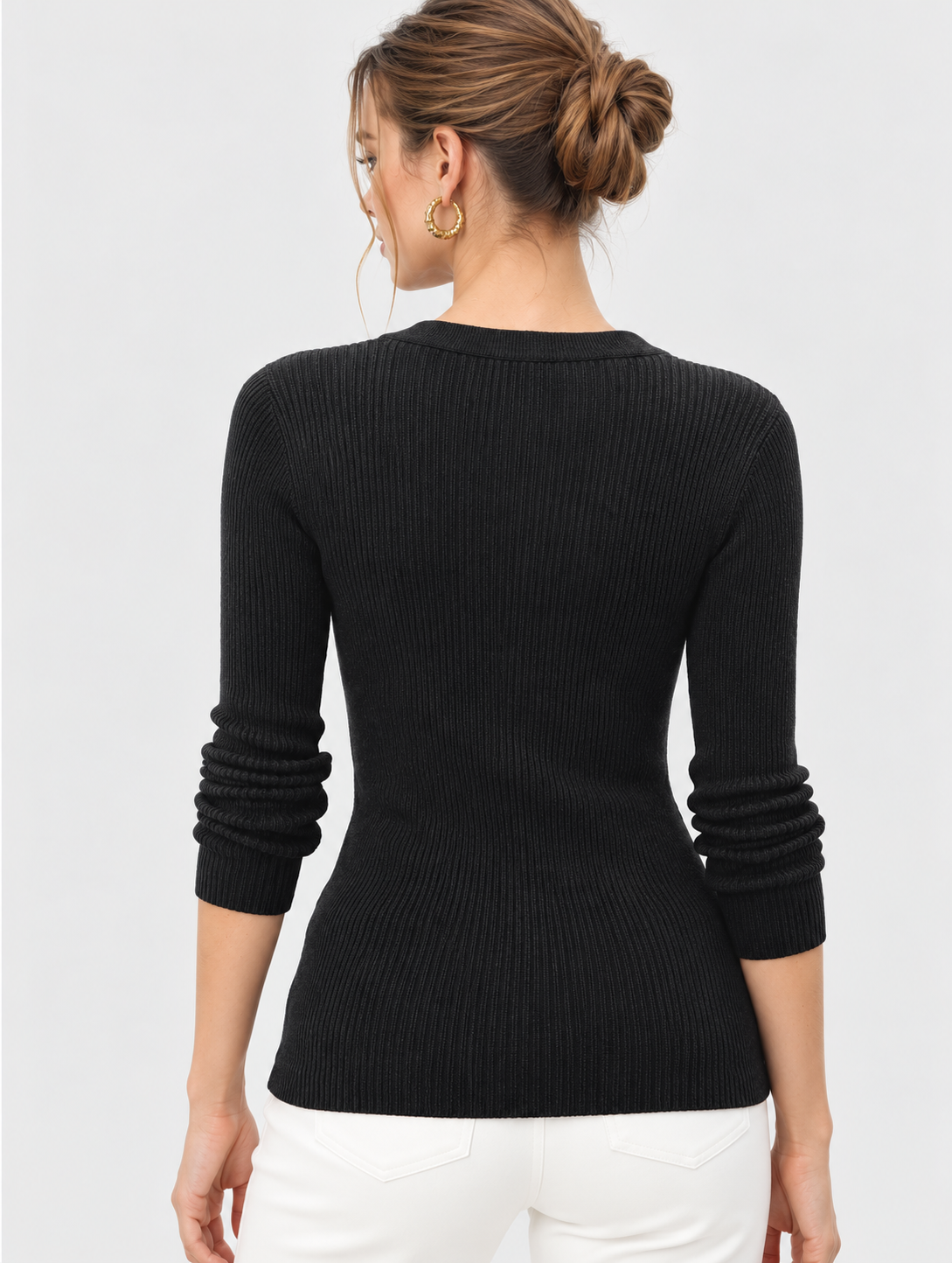 black rib knit linen cotton blend full-sleeve top for women