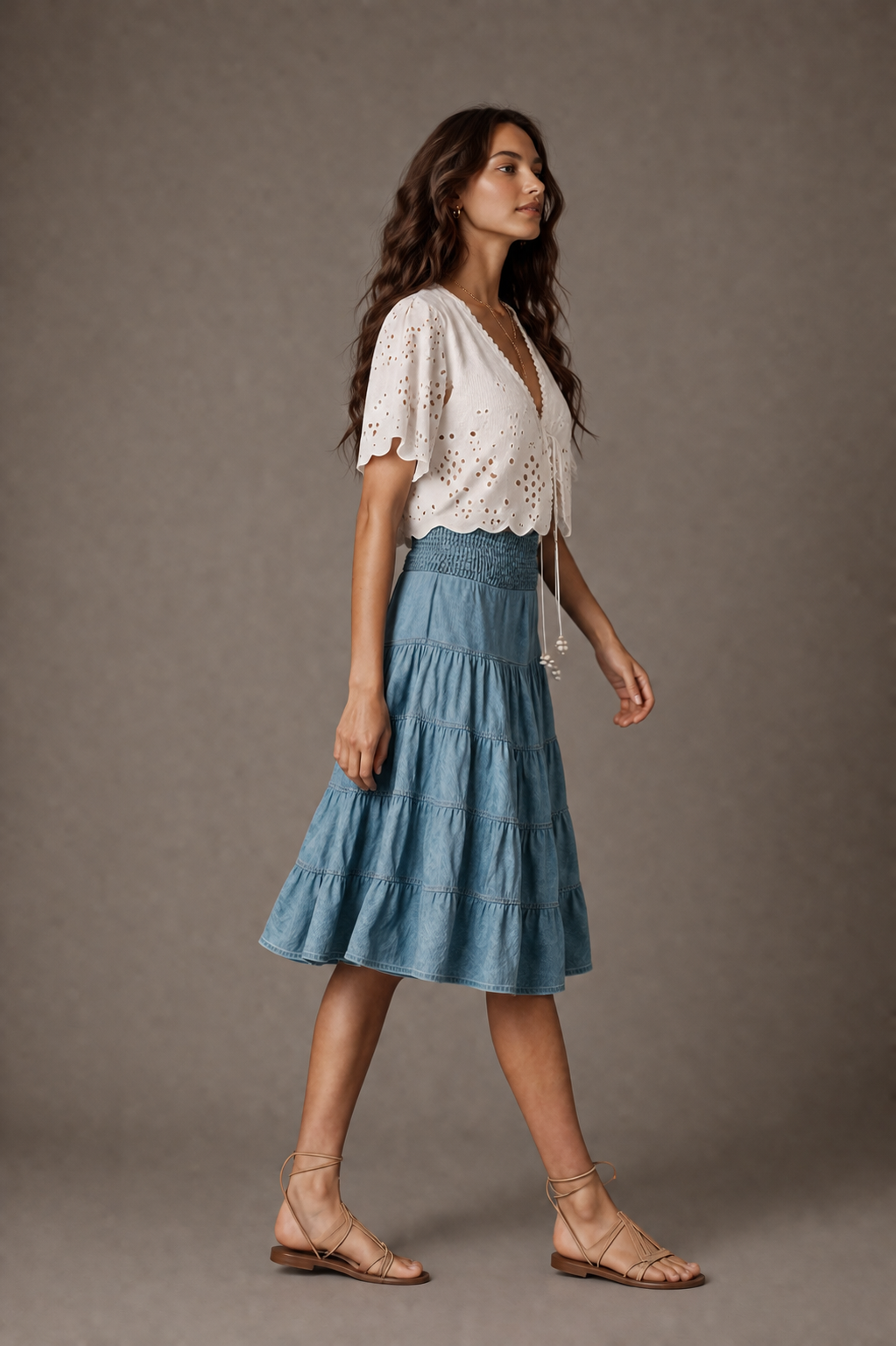 Blue Tiered Midi Skirt