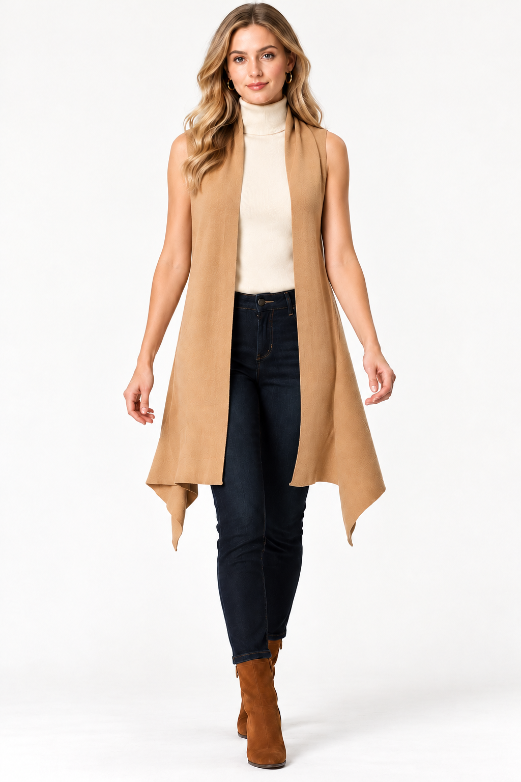 women's camel brown wool blend open-front longline cardigan with draped hem